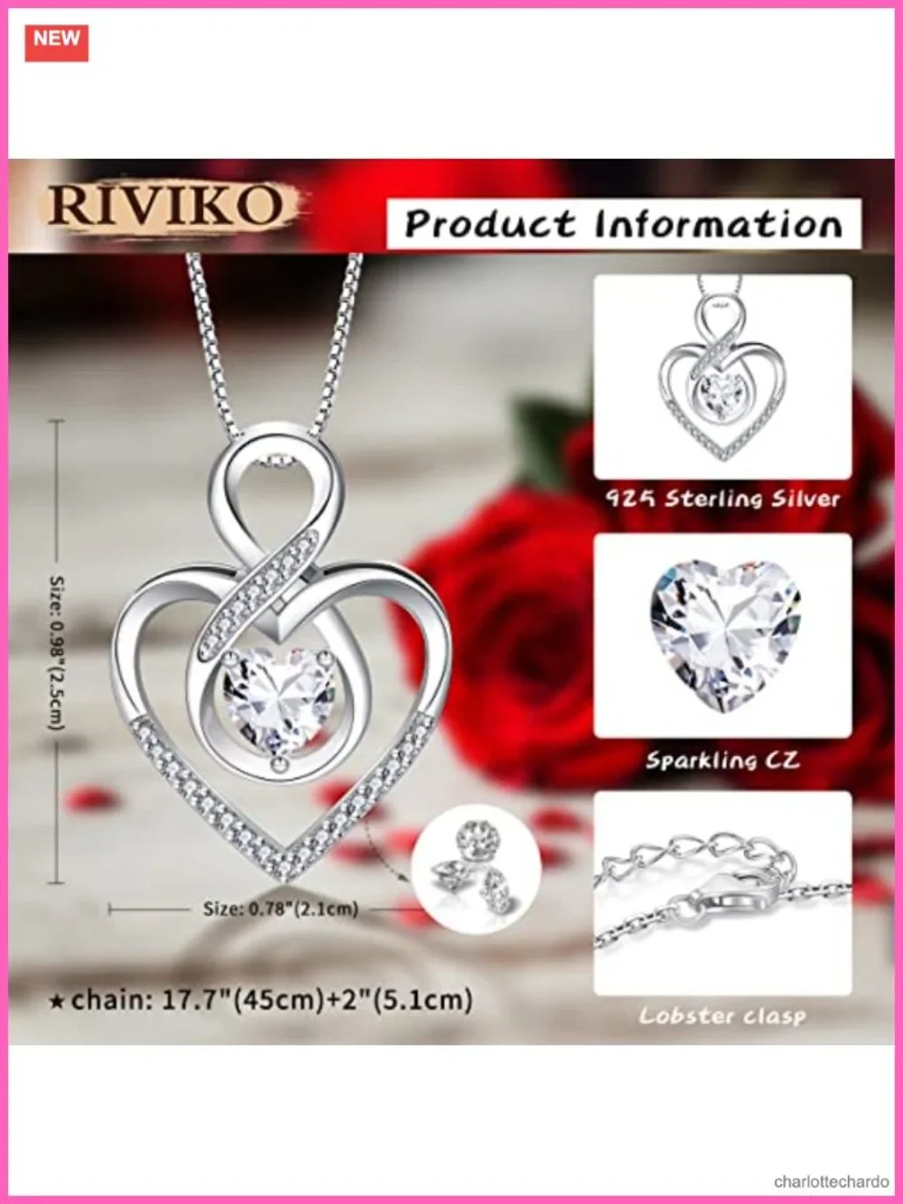 925 Sterling Silver Infinity Heart Necklace Pendant Rhodium Plated